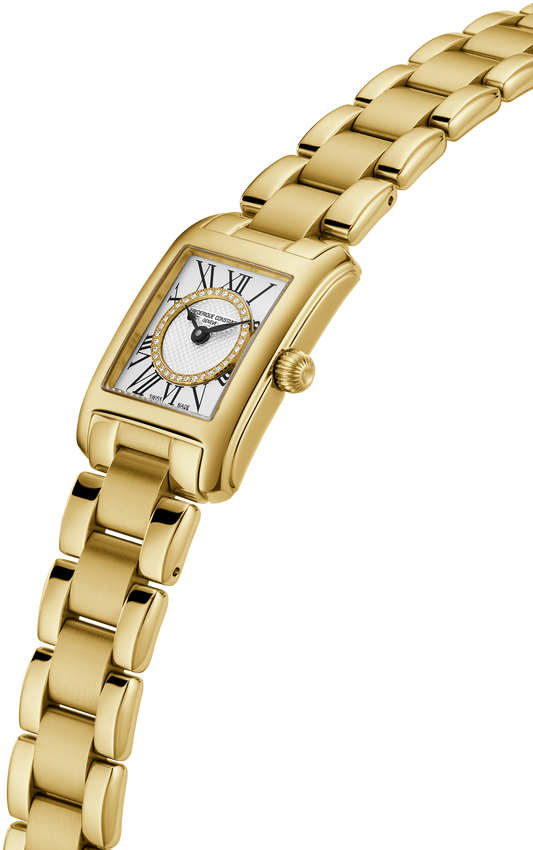 Gold watch with diamond-accented rectangular dial.