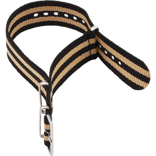 Black and beige striped nylon watch band.