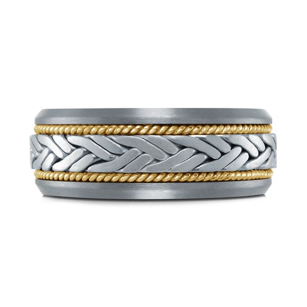 Tantalum band with carved texture, gold accents.