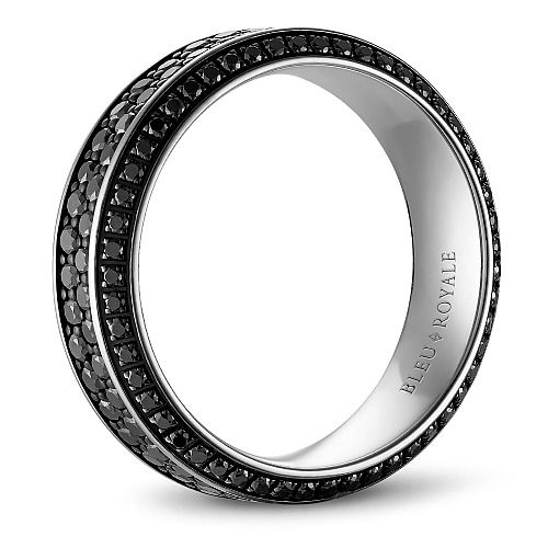 14K white gold band, black diamonds, intricate design.