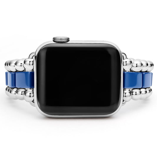Stainless steel and blue ceramic watch band.