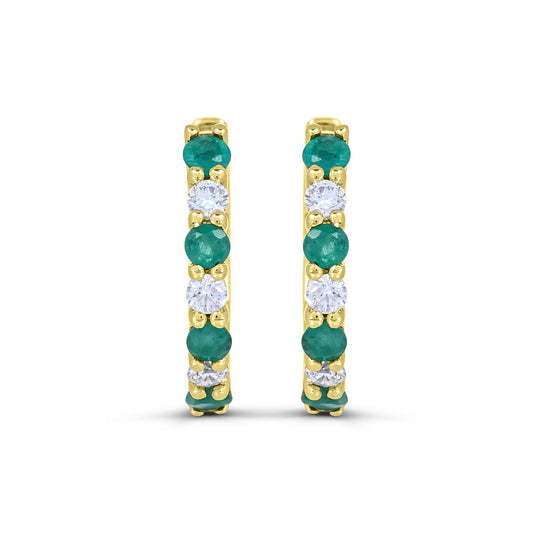 Emerald and diamond yellow gold hoop earrings.