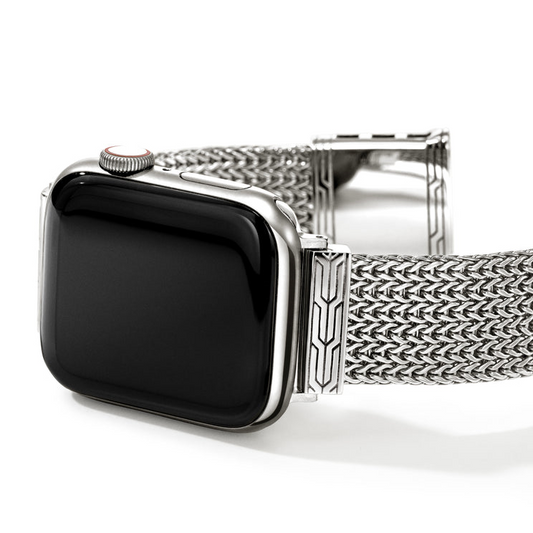 Sterling silver woven watch band, polished finish.