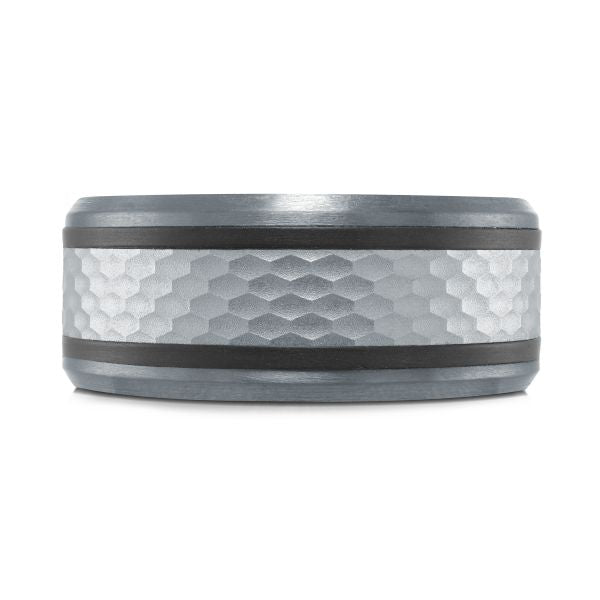 Tantalum white-black carved band, satin-hammered finish.