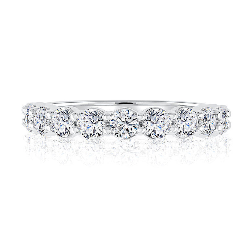 14K white gold band with nine diamonds.