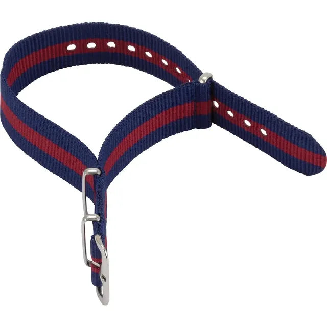 Blue and red striped nylon watch band.