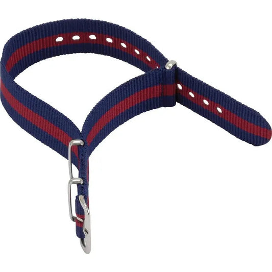 Blue and red striped nylon watch band.