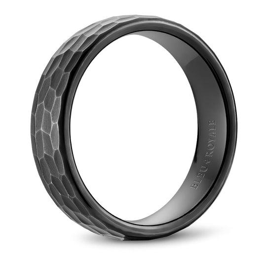 Hammered white gold band, black rhodium finish.