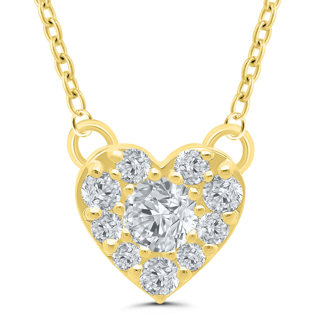 Heart-shaped gold necklace with round diamonds.