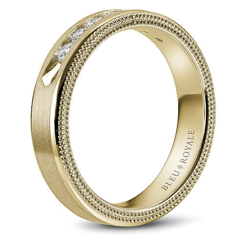Yellow gold band with round diamonds, textured edges.