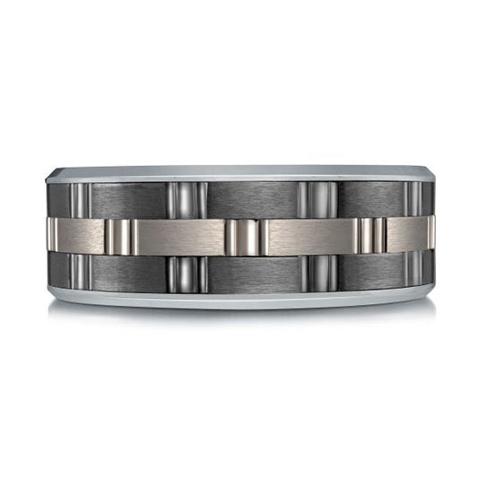 Tantalum titanium band, black grey carved design.