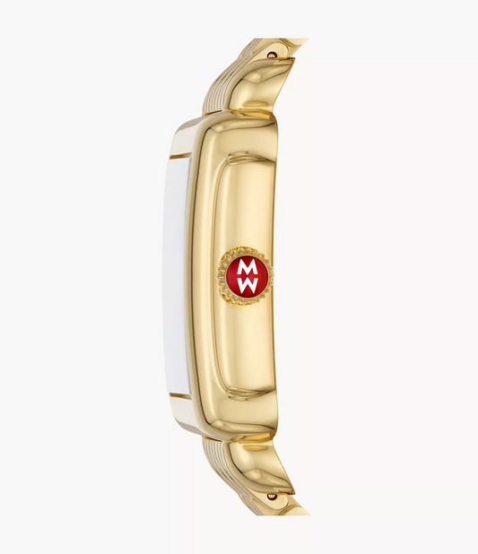 Gold-plated watch with red crown detail.