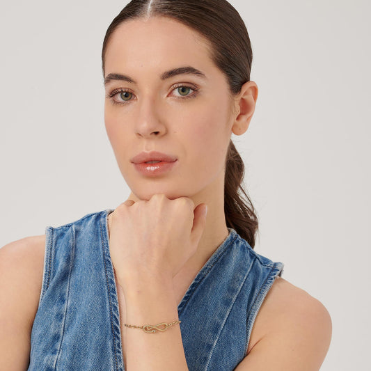 Gold-plated cable link bracelet on wrist.