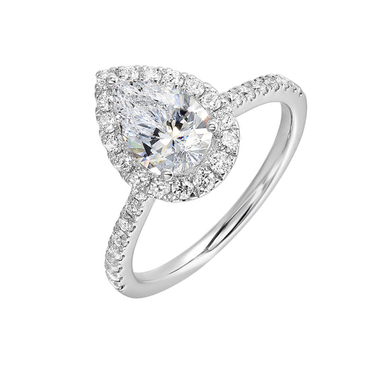 Pear-shaped diamond halo ring in white gold.