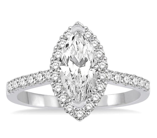 Side Stone Natural Diamond Semi-Mount Engagement Ring in 14 Karat White with 38 Round Diamonds, Color: F/G, Clarity: SI1-SI2, totaling 0.45ctw