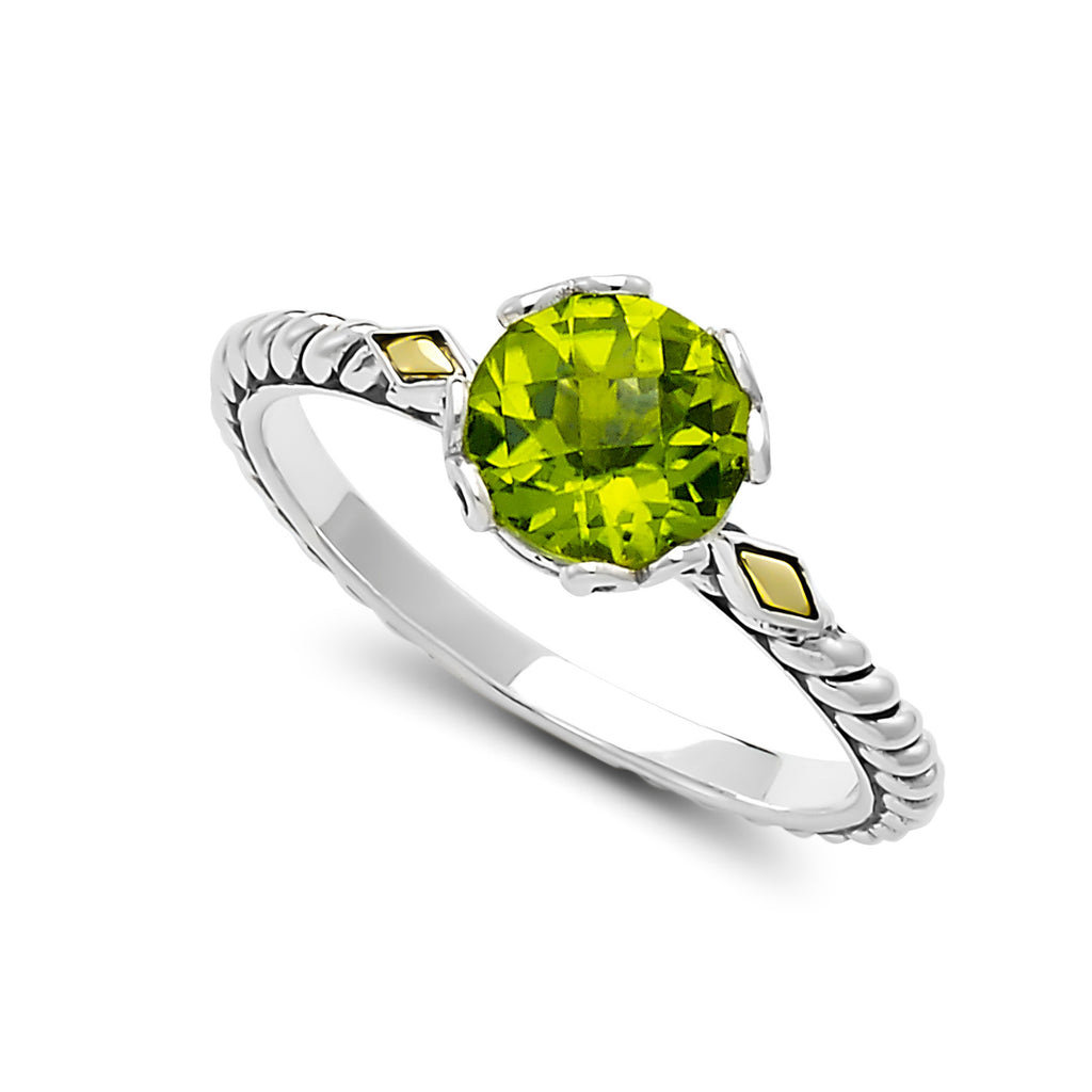 Color Gemstone Ring in Sterling Silver - 18 Karat White - Yellow with 1 Round Peridot