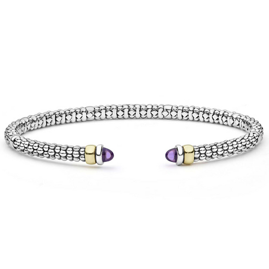 Lagos Signature Caviar Collection Cuff Color Gemstone Bracelet in Sterling Silver - 14 Karat White - Yellow with 2 Cabochon Amethysts