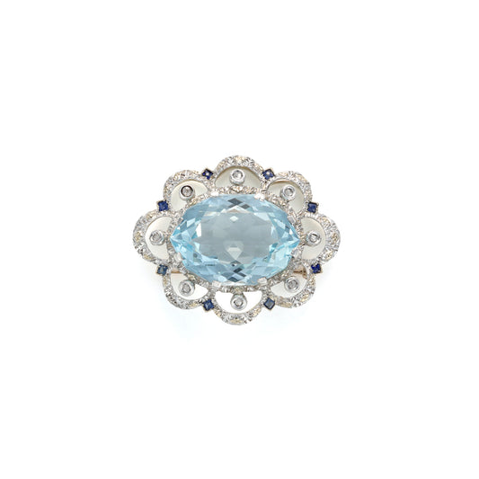 Aquamarine brooch with diamond floral design.