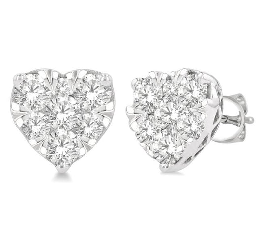 Lovebright Collection Heart Natural Diamond Earrings in 14 Karat White with 1.00ctw Round Diamonds