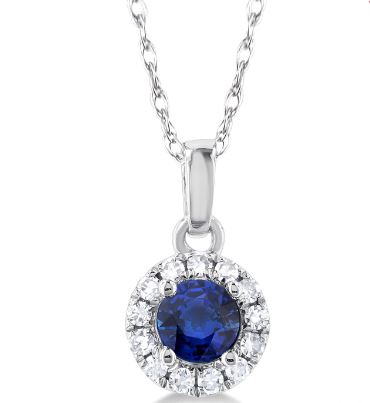 Sapphire pendant with diamond halo in white gold.