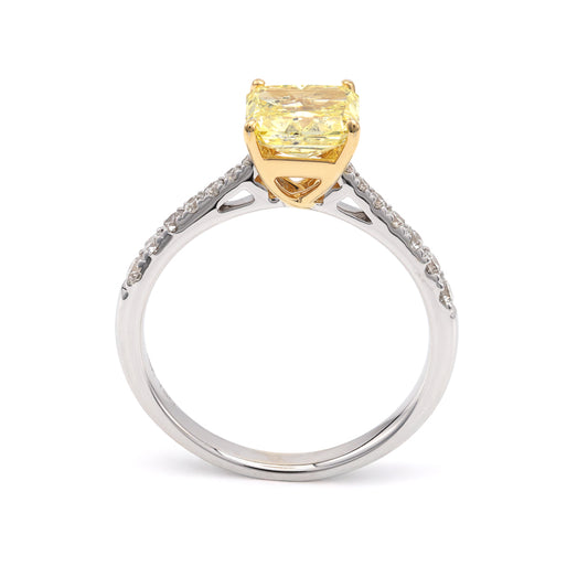 Yerushalmi Brothers Side Stone Natural Diamond Complete Engagement Ring in 18 Karat White Yellow Gold with 1 Radiant Diamond, Color: Yellow, totaling 1.52ctw