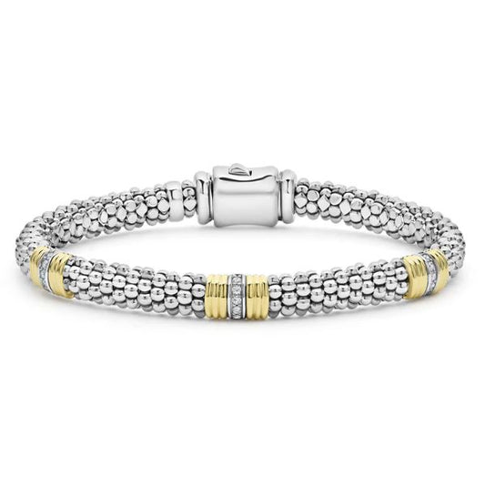 LAGOS Signature Caviar Collection Natural Diamond Bracelet in Sterling Silver 18 Karat White Yellow with 0.15ctw Round Diamonds