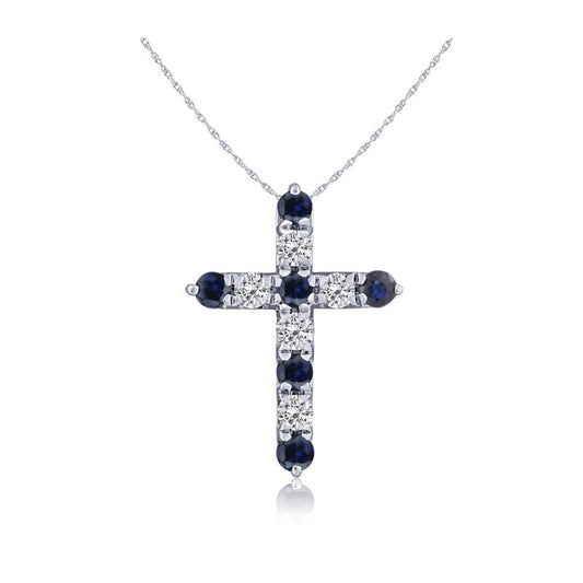 Cross Color Gemstone Necklace in 14 Karat Yellow with 6 Round Sapphires 0.20ctw