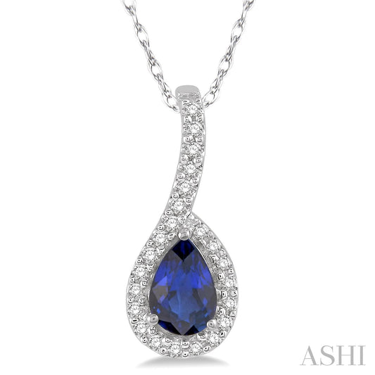 Pendant Color Gemstone Necklace in 10 Karat White with 1 Pear Blue Sapphire 6mm-6mm