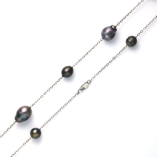 Marks Estate Dept 1 Station Color Gemstone Necklace in Sterling Silver with 17 Baroque Black Pearls