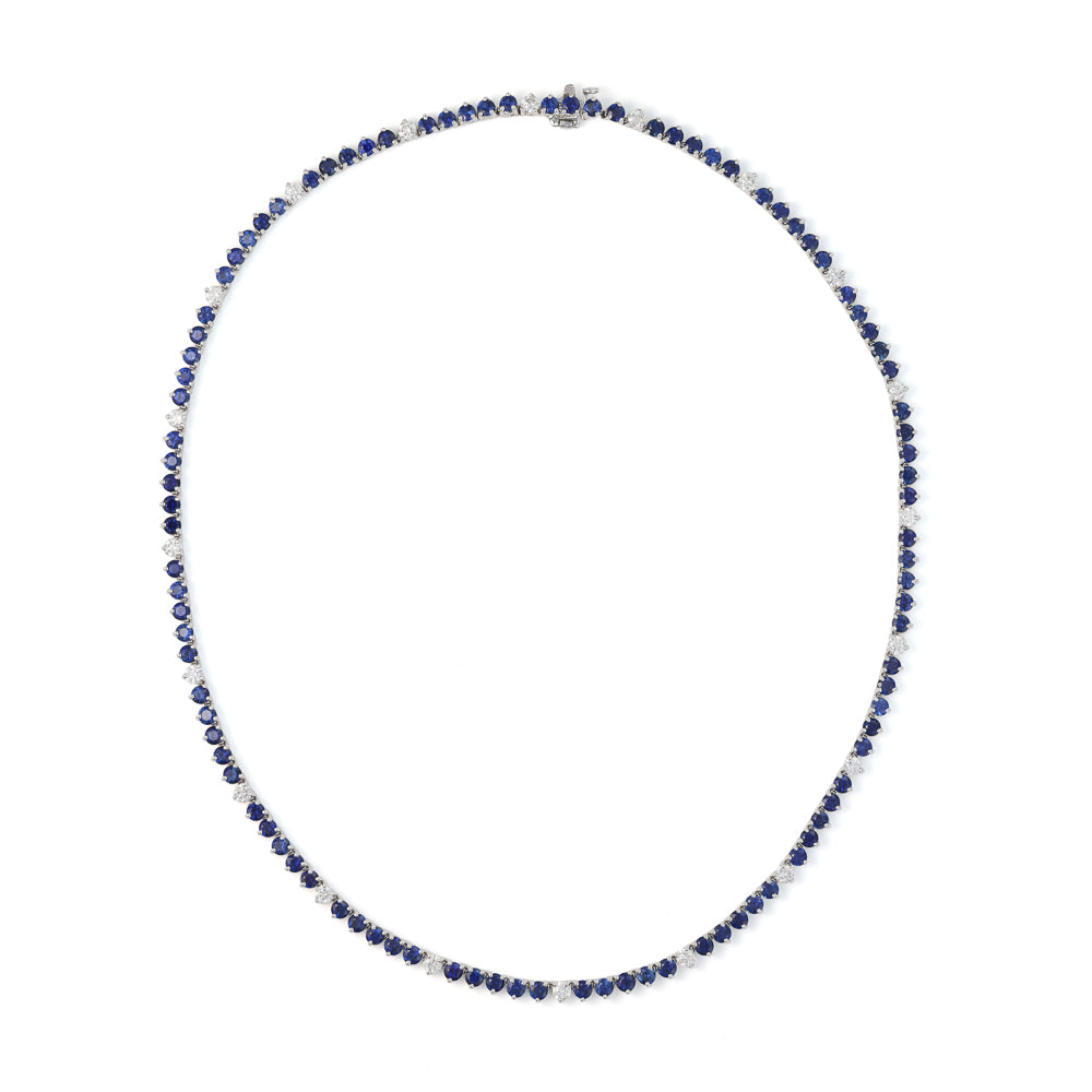 Blue sapphire and diamond tennis necklace.