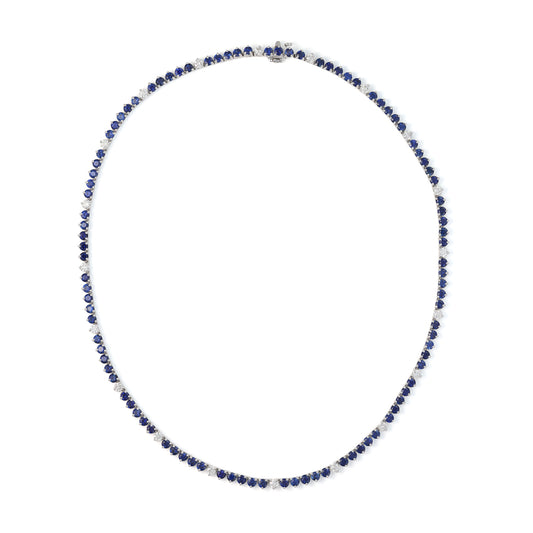 Blue sapphire and diamond tennis necklace.