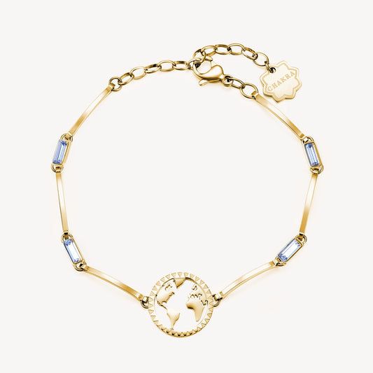 Yellow stainless steel bracelet with blue gemstones.