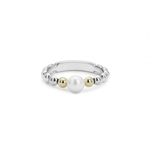 Luna Collection Stackable Color Gemstone Ring in Sterling Silver - 18 Karat White - Yellow with 1 Freshwater Pearl 5mm-5mm