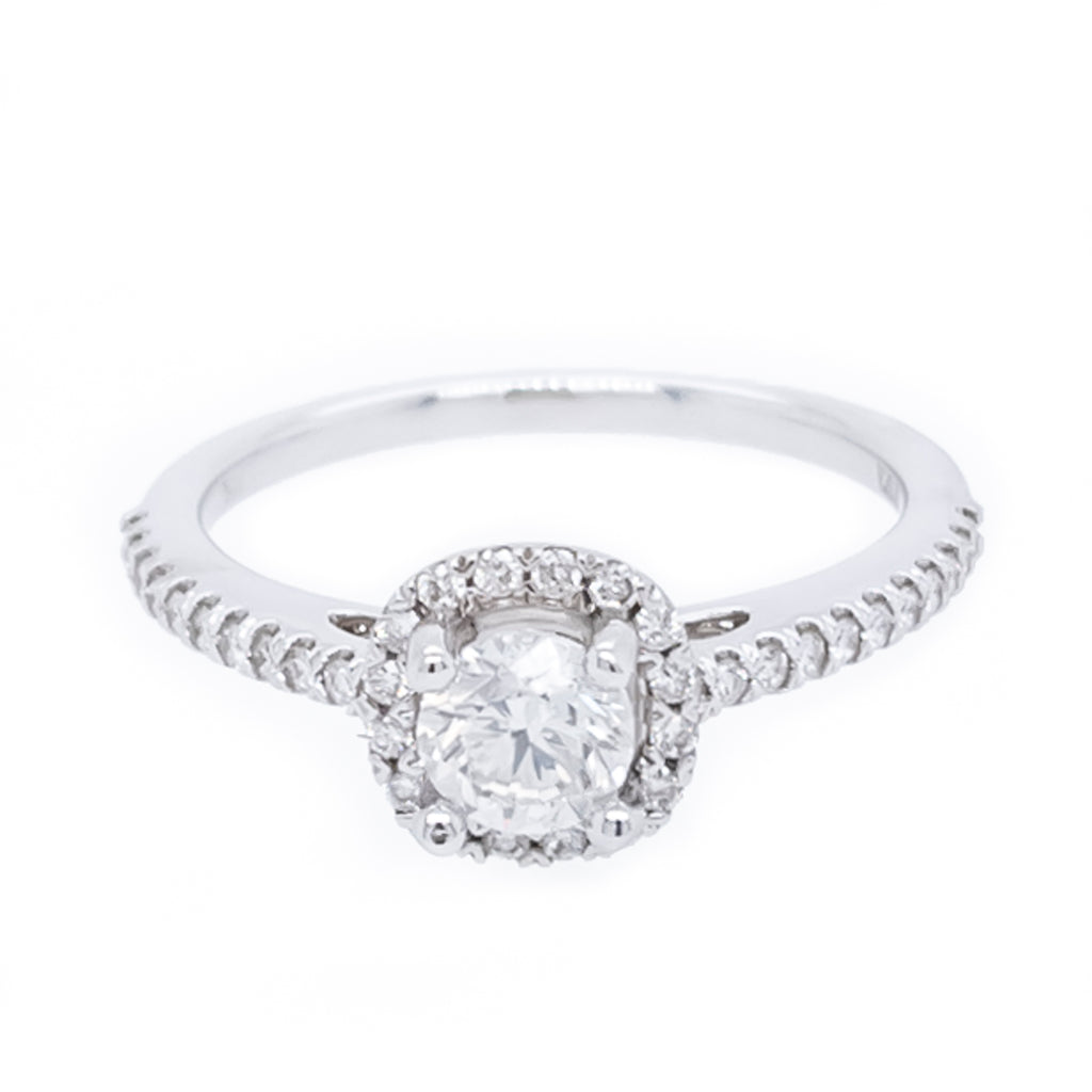Halo Earth Mined Complete Diamond Engagement Ring in 14 Karat White with 0.51ctw G SI1 Round Diamond