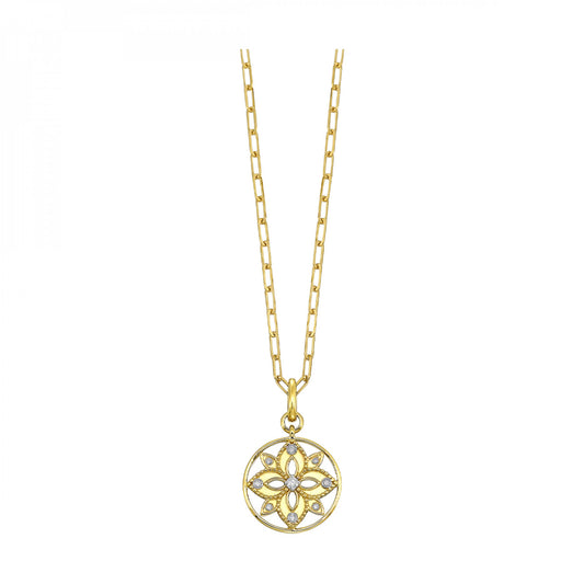 Yellow gold necklace with diamond floral pendant.