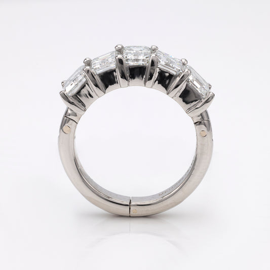 Silver ring with five rectangular gemstones.