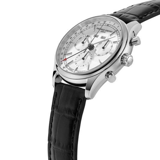 Stainless steel chronograph watch with leather band.