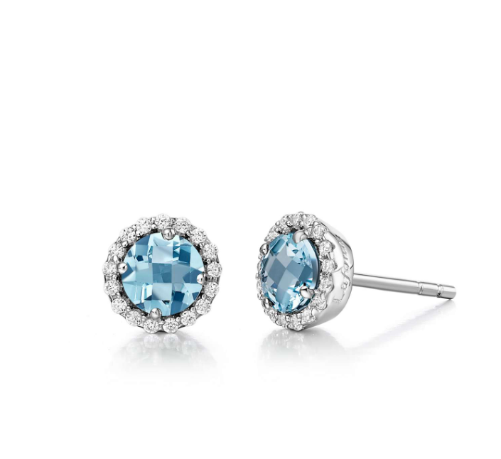 Stud Color Gemstone Earrings in Platinum Bonded Sterling Silver White with 2 Round Simulated Aquamarines