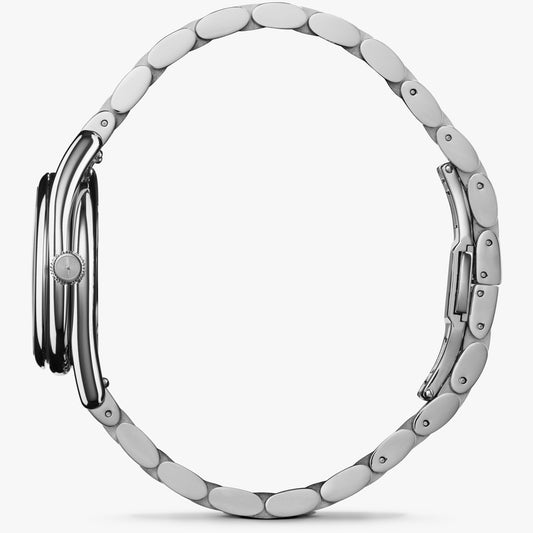 Stainless steel watch with sleek design.
