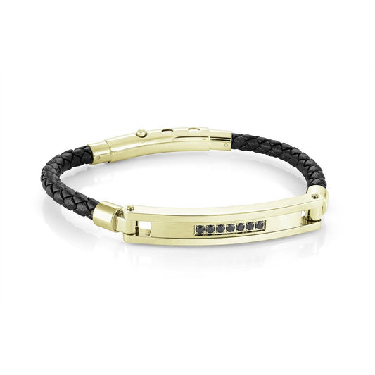 Braid Color Gemstone Bracelet in Stainless Steel - Leather Black - Yellow with 5 Round Cubic Zirconiums
