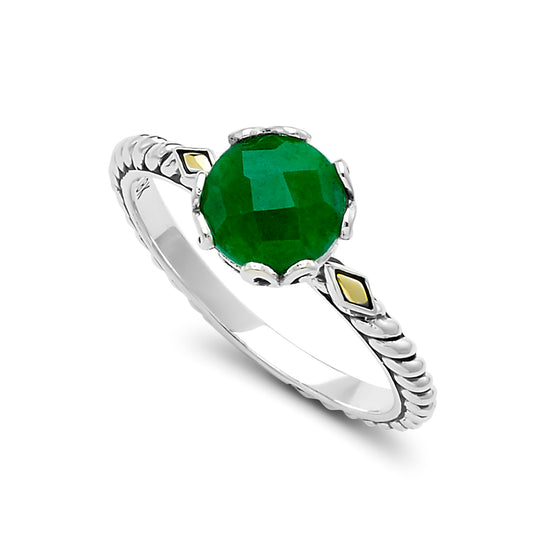 Sterling silver ring with round emerald, dual-tone.