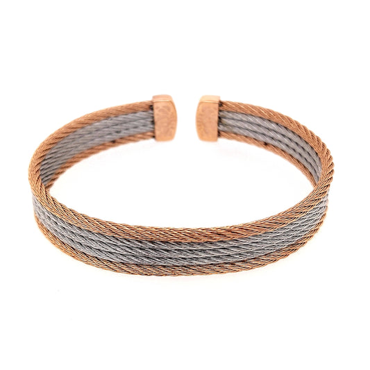Cuff Bracelet (No Stones) in Stainless Steel Cable Grey - Rose