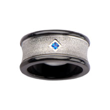 Color Gemstone Ring in Stainless Steel Black - Grey with 1 Princess Blue Lab Created Sapphire
