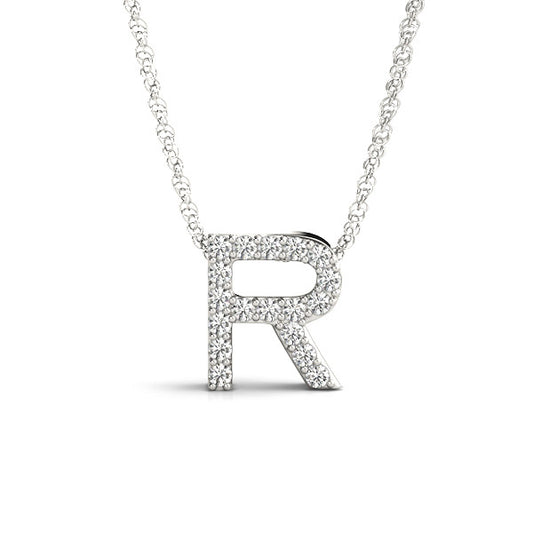 Diamond initial "R" necklace in white gold.