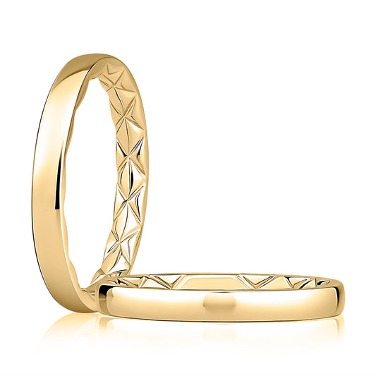 Carved 14K yellow gold band, polished finish.