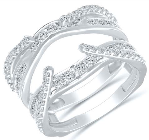14K white gold band with round diamonds.