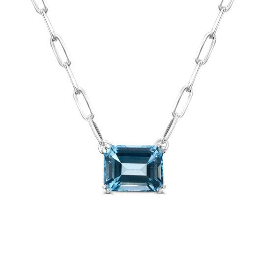 Pendant Color Gemstone Necklace in Sterling Silver White with 1 Emerald Blue Topaz