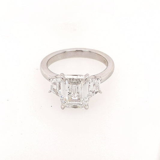 Three Stone Lab-Grown Diamond Complete Engagement Ring in 18 Karat White with 3.01ctw G VS2 Emerald Lab Grown Diamond