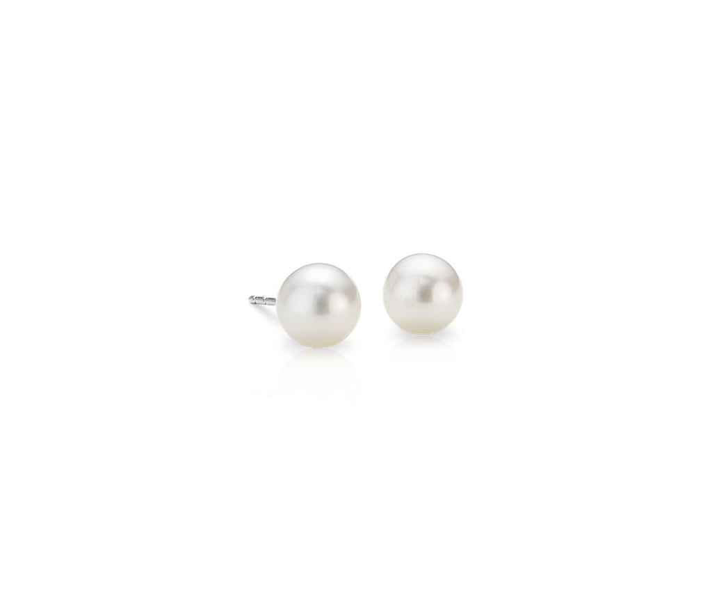 Stud Color Gemstone Earrings in 14 Karat White with 2 Freshwater Pearls 6mm-7mm