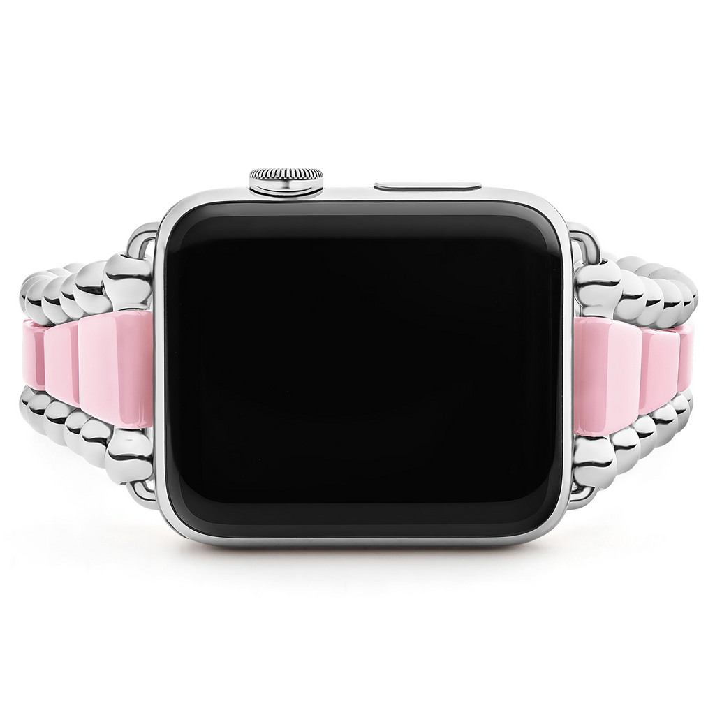 Pink ceramic stainless steel watch bracelet.